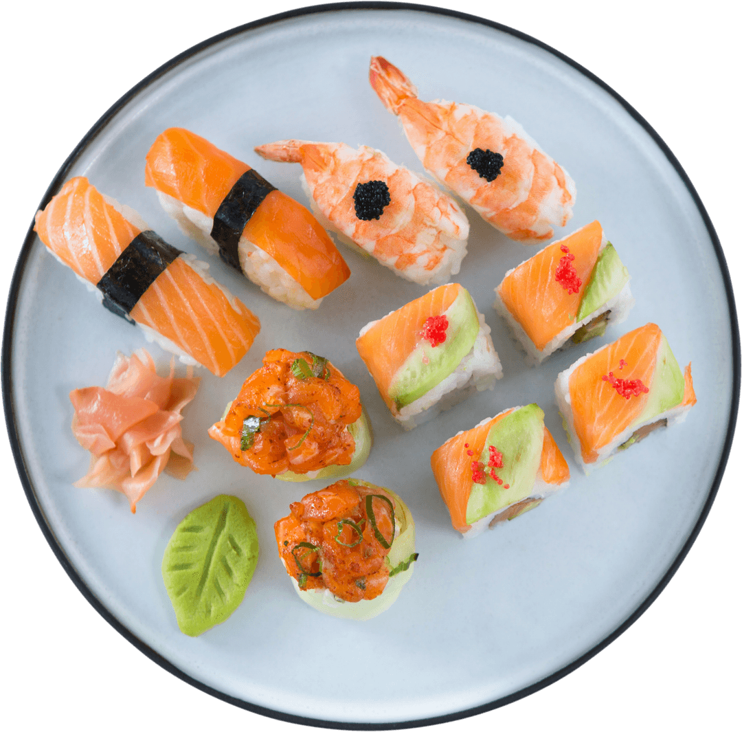 Transparent Plate with Assorted Salmon Sushi Arrangement