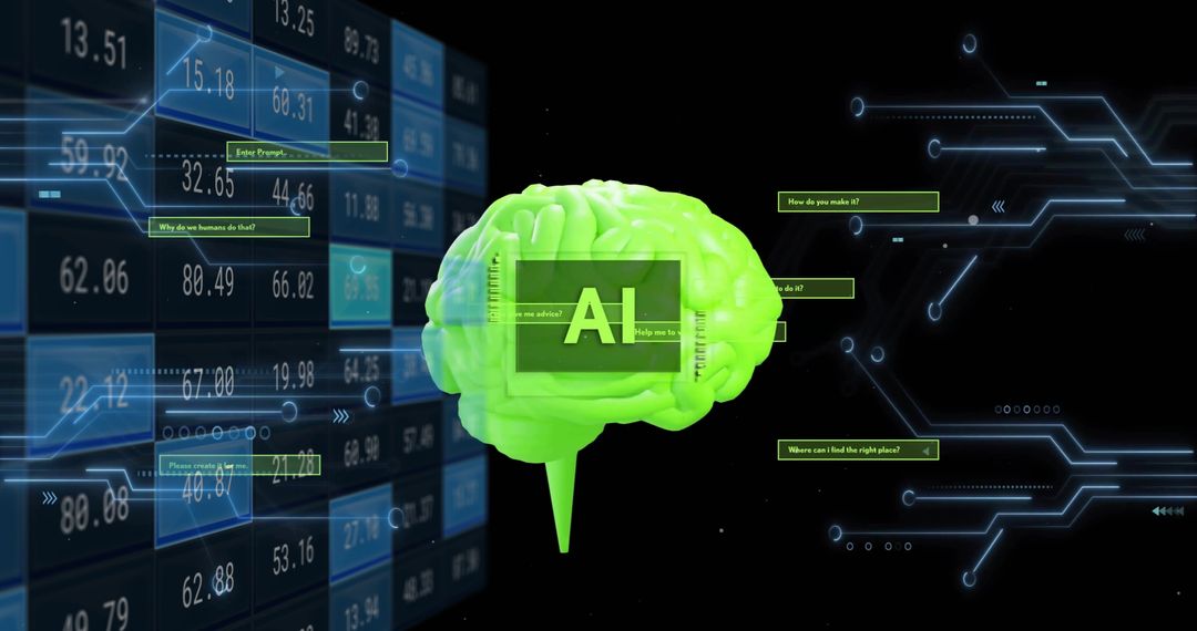 Futuristic Green AI Brain with Digital Data Interface