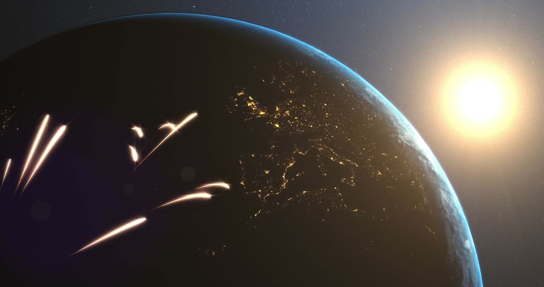 Fireworks Display Over Earth with Sunrise Horizon Starlit Background