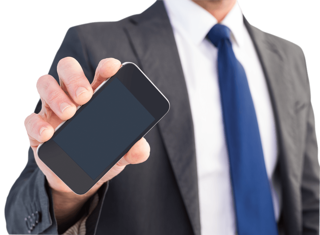 Businessman Displaying Smartphone on Transparent Background