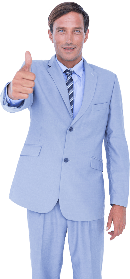 Confident Businessman in Grey Suit Giving Thumbs Up Gesture Transparent
