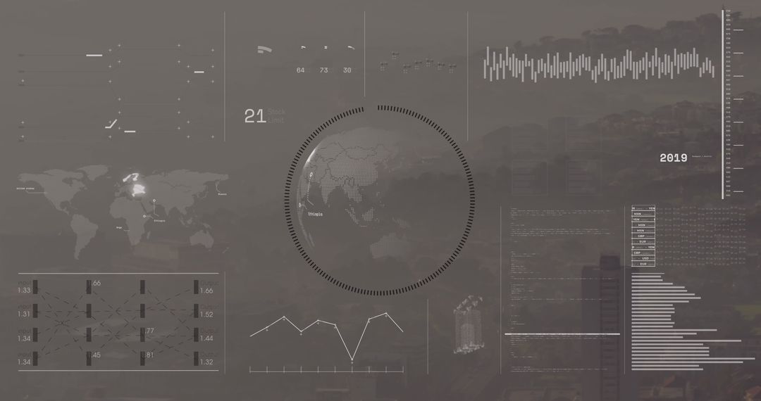 Digital Database Interface with Spinning Globe and Data Graphics