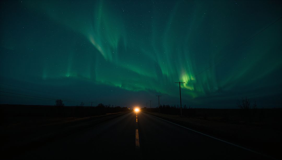 Headlights Approaching on Two-Lane Highway Under Dancing Northern Lights