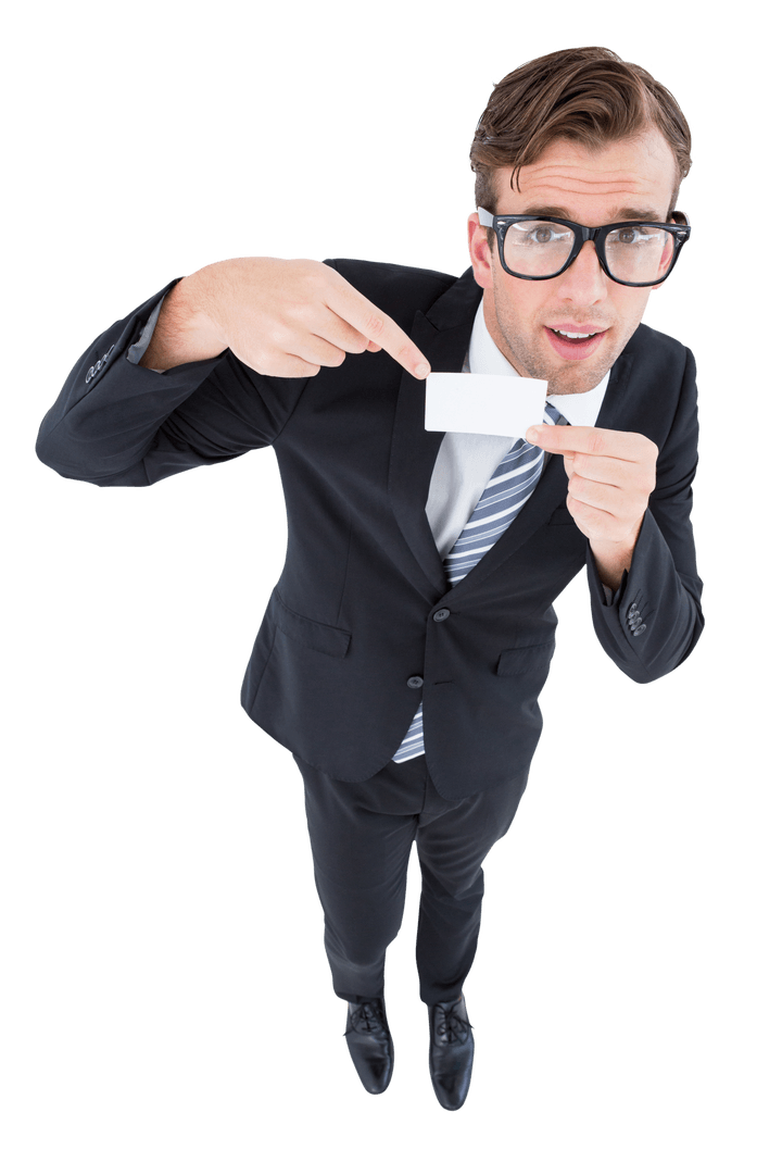 Transparent Geeky Businessman Holding Blank Card