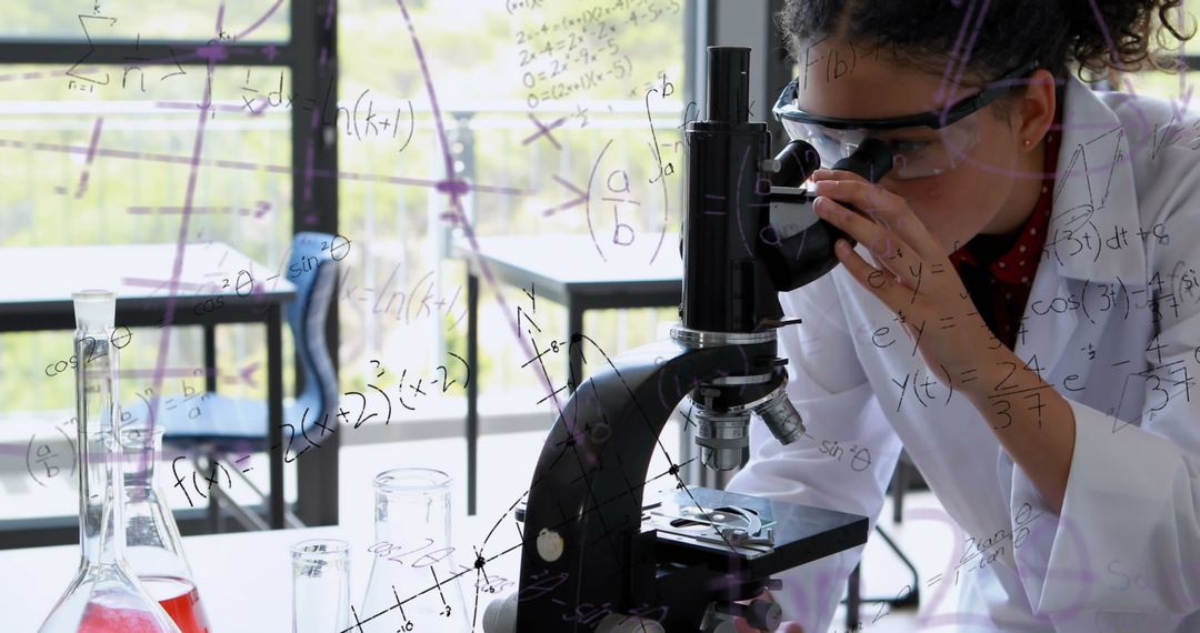 Female Scientist Examining through Microscope with Math Background