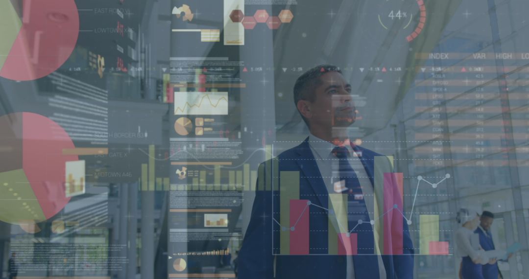 Business Professional Surrounded by Virtual Financial Data Visualizations