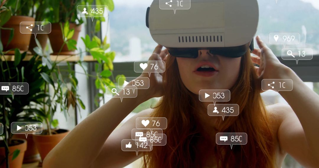 Woman Immersing in Virtual Reality Experience with Social Media Alerts
