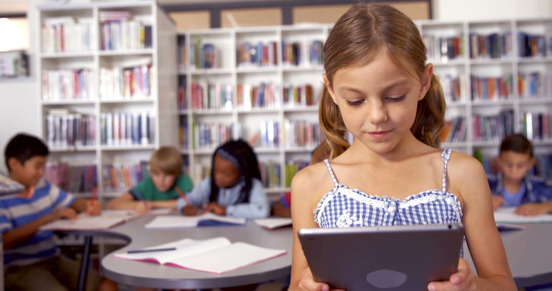 Schoolgirl Engaged with Digital Tablet in Modern Library
