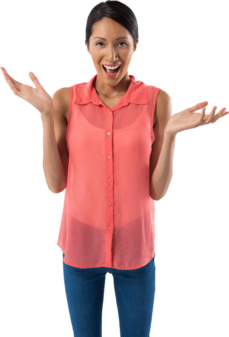 Surprised Woman Gesturing in Transparent Coral Top