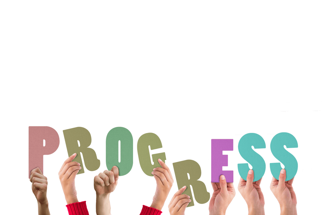 Transparent Hands Holding Colorful Letters Spelling Progress