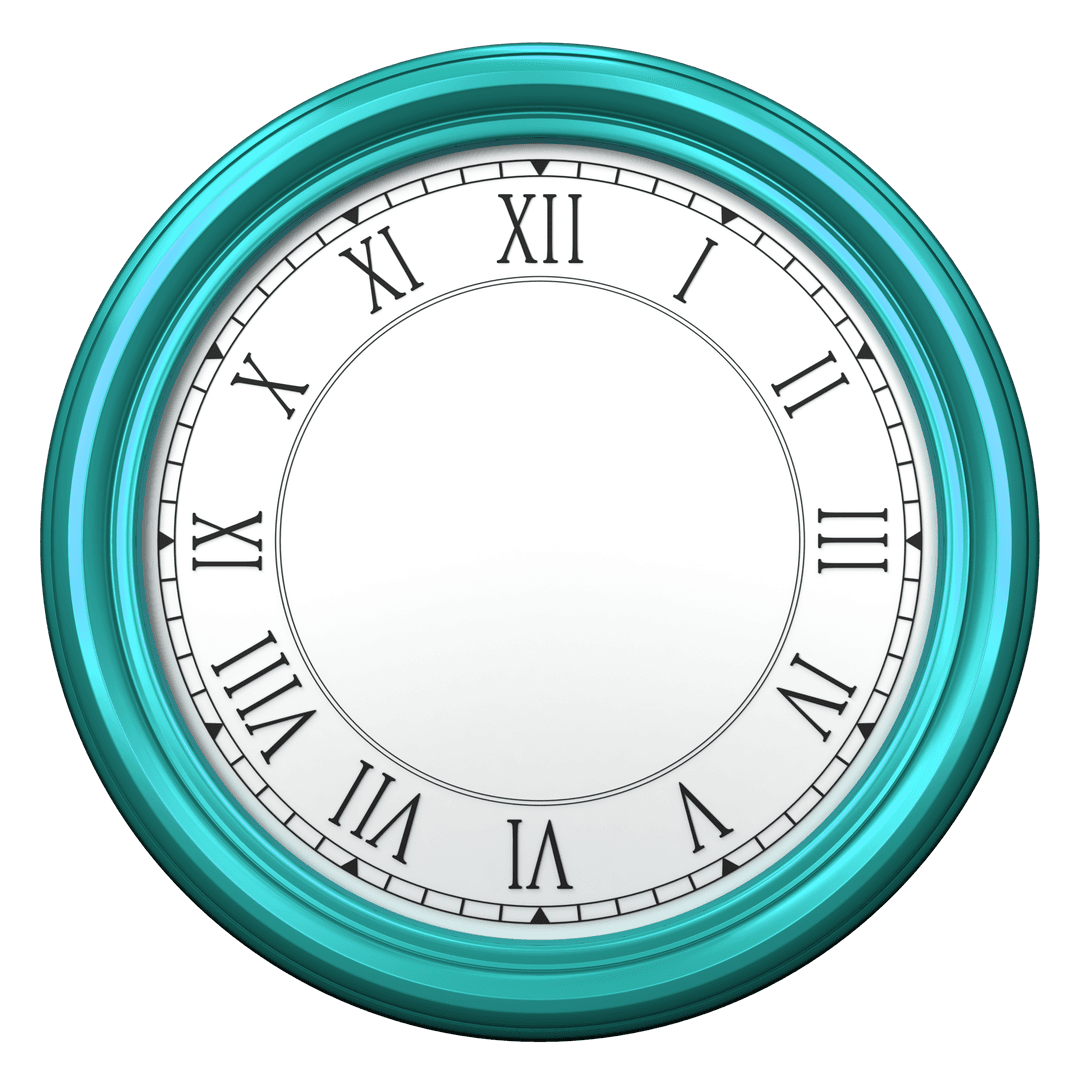 Transparent Turquoise Wall Clock with Roman Numerals and No Hands
