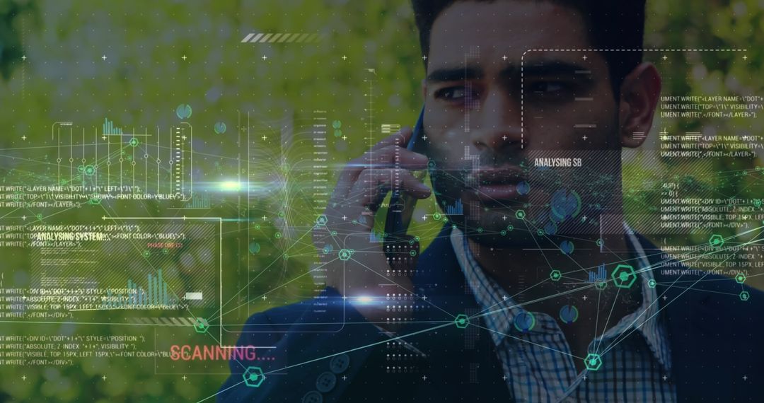 Businessman Analyzing Data Amidst High-Tech Interface