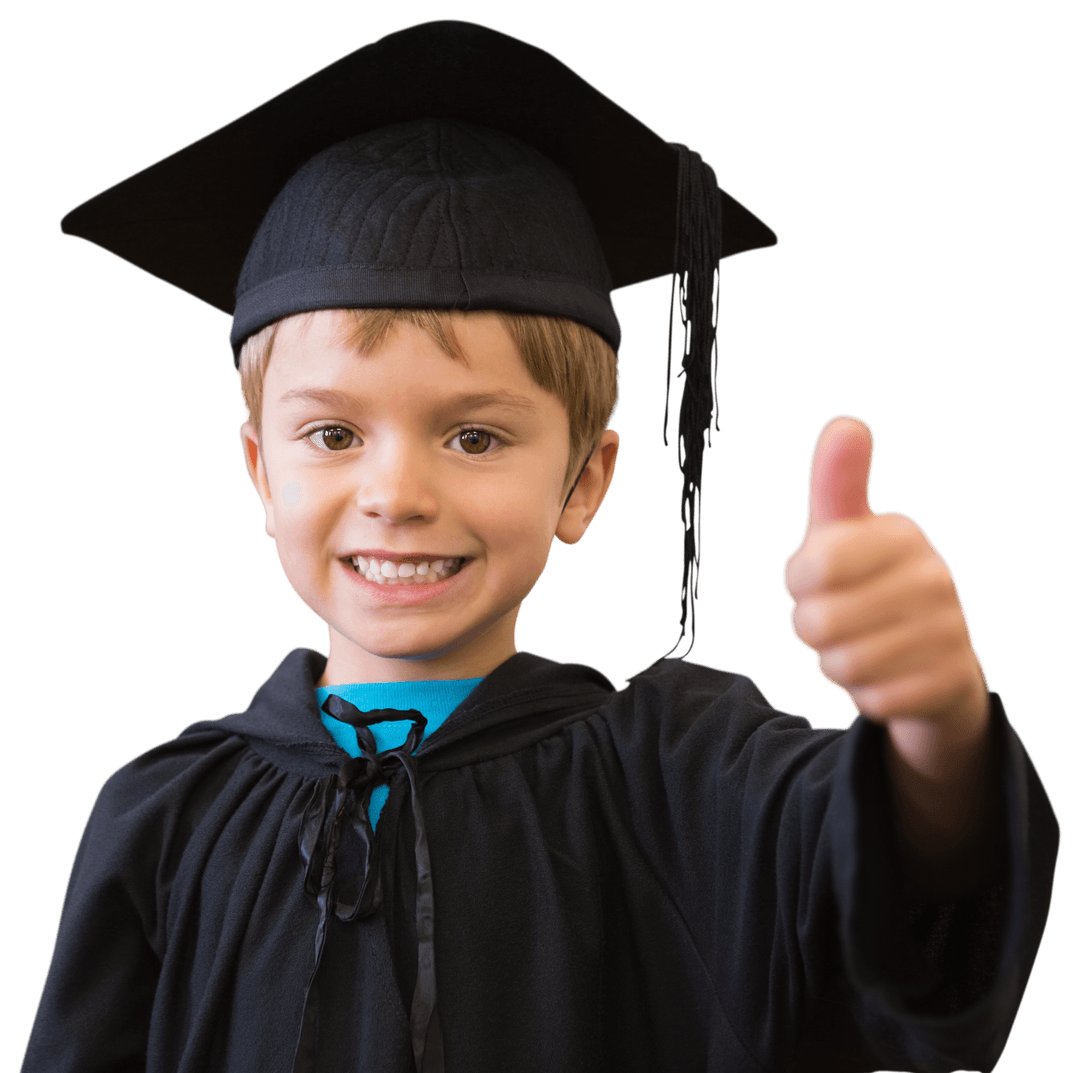Happy Child Wearing Graduation Cap Giving Thumbs Up on Transparent Background