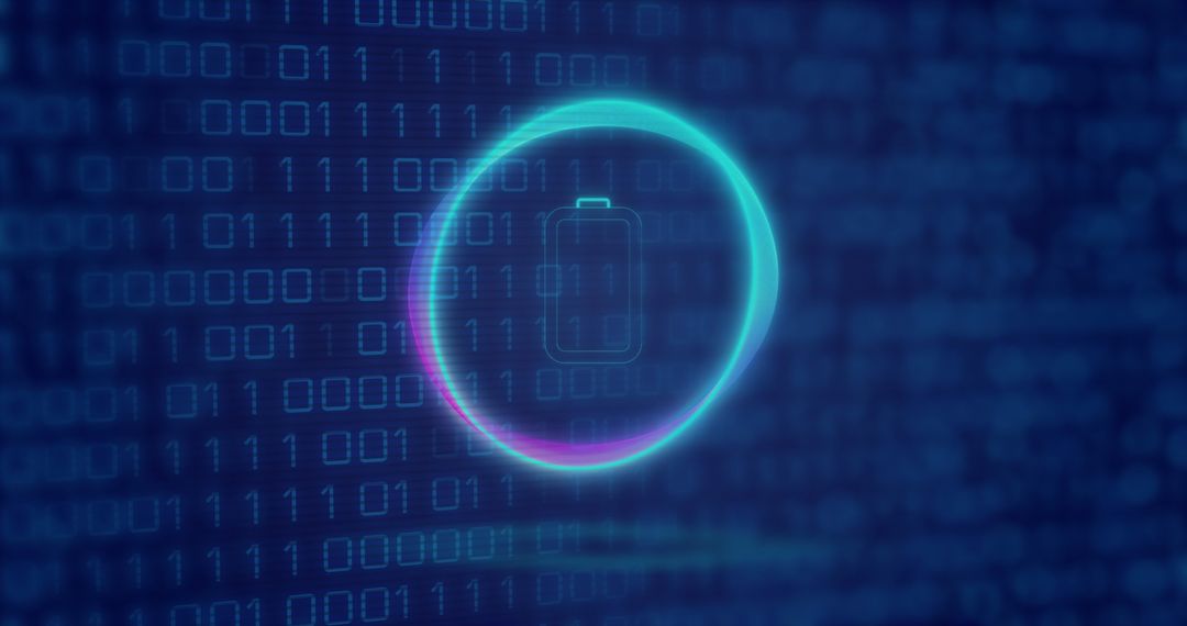 Neon battery symbol with binary code background technology concept
