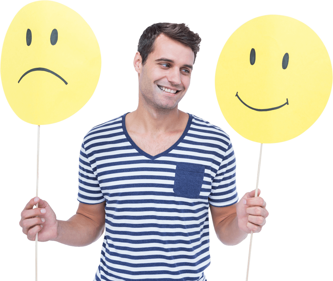Man Holding Yellow Transparent Smile and Frown Signs