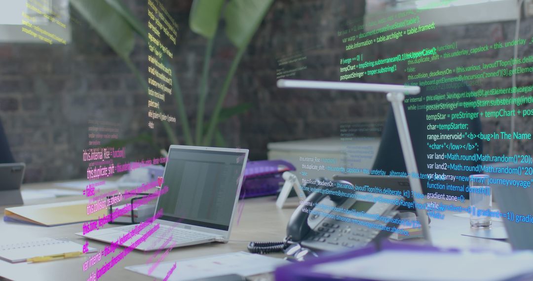 Digital Code Overlay on Laptop in Modern Office