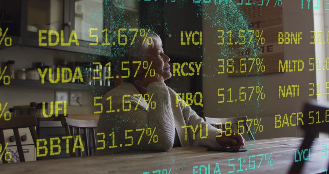 Financial Data Overlay on Senior Woman Using Smartphone