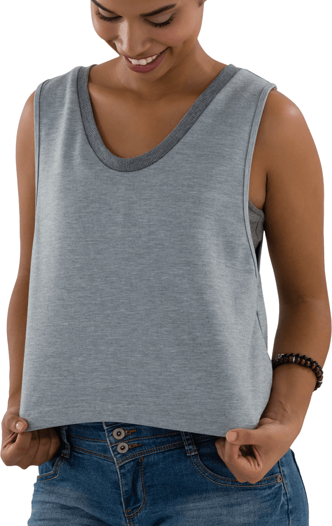 Smiling Woman in Gray Transparent Knit Top Isolated