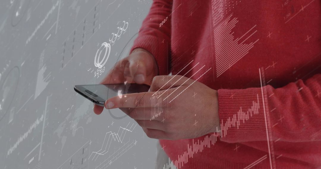 Businessman Using Smartphone with Overlay Graphics for Data and Reports
