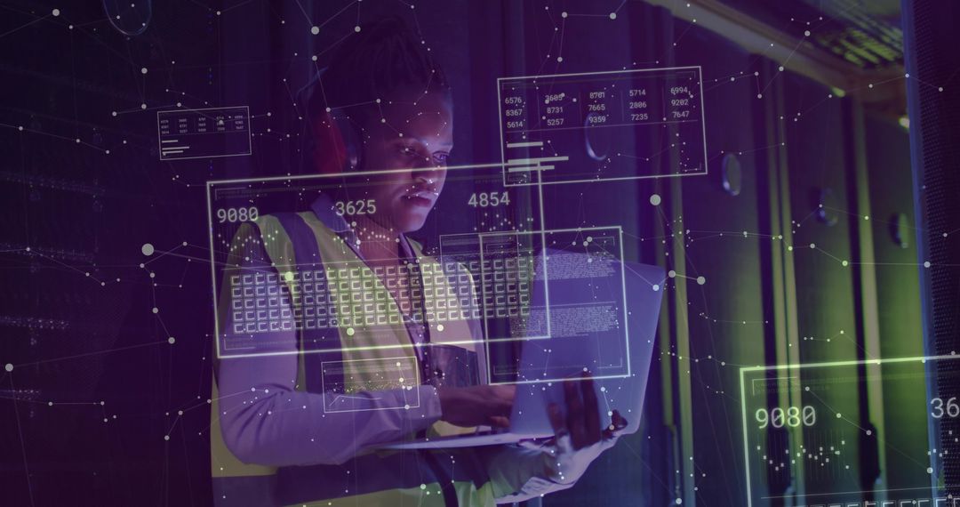 Technician Analyzing Data with Futuristic Interface Overlay