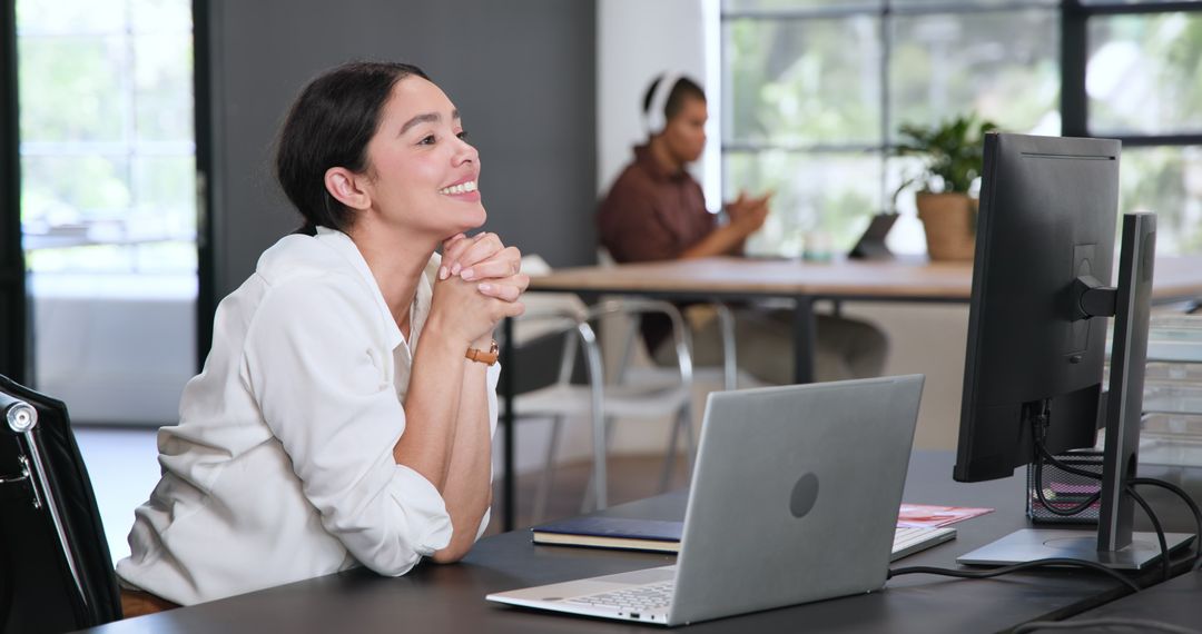 Smiling Businesswoman Excels in Modern Office Environment