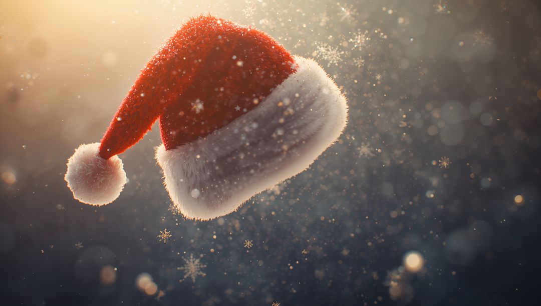 Floating Santa Hat with Furry Trim and Sparkling Snowflakes, Warm Bokeh Holiday Glow