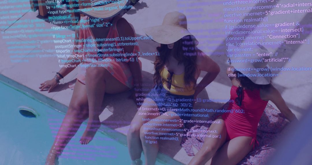 Three Friends in Swimsuits Enjoying Poolside Relaxation with Text Overlay