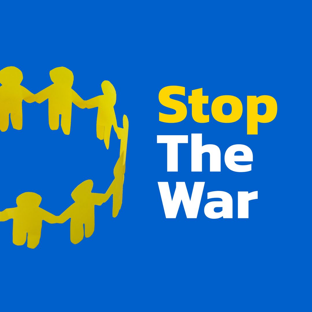 Stop War Message with Unity Symbols on Blue Background