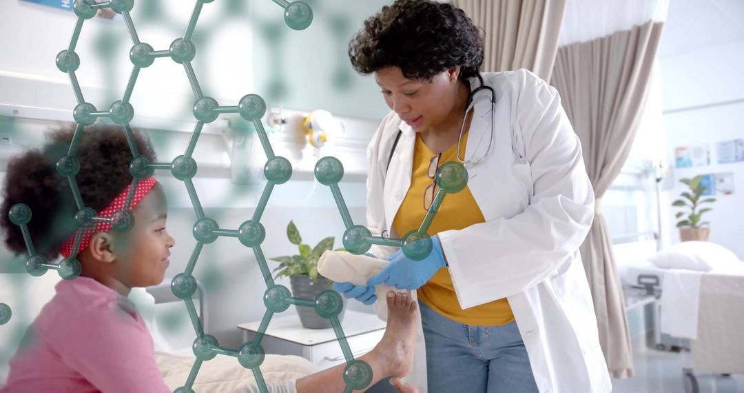 Doctor Bandaging Child with Molecular Graphic Overlay in Hospital Setting