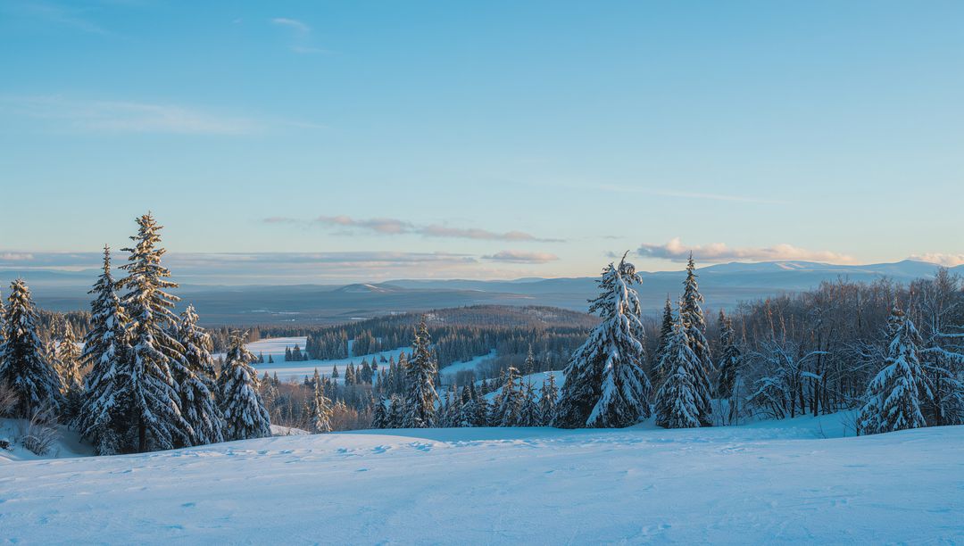Sunlit Snowfield with Frosted Evergreens Spanning Winter Mountain Valley at Sunrise