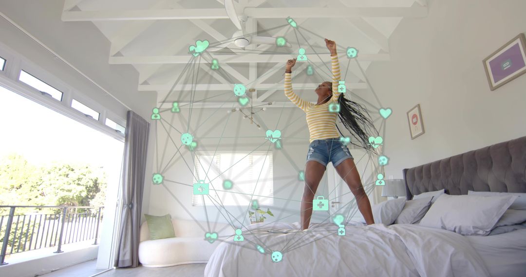 Happy Woman Embracing Futuristic Connection in Modern Bedroom