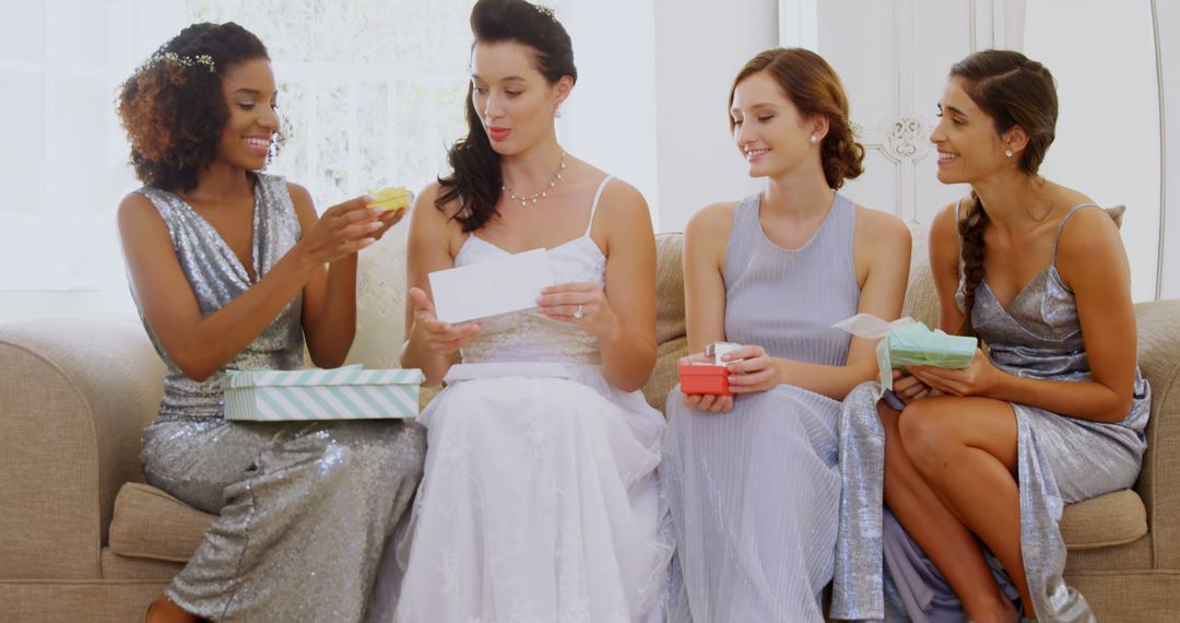 Bridesmaids Giving Gifts to Bride in Living Room - Free Images, Stock Photos and Pictures on Pikwizard.com