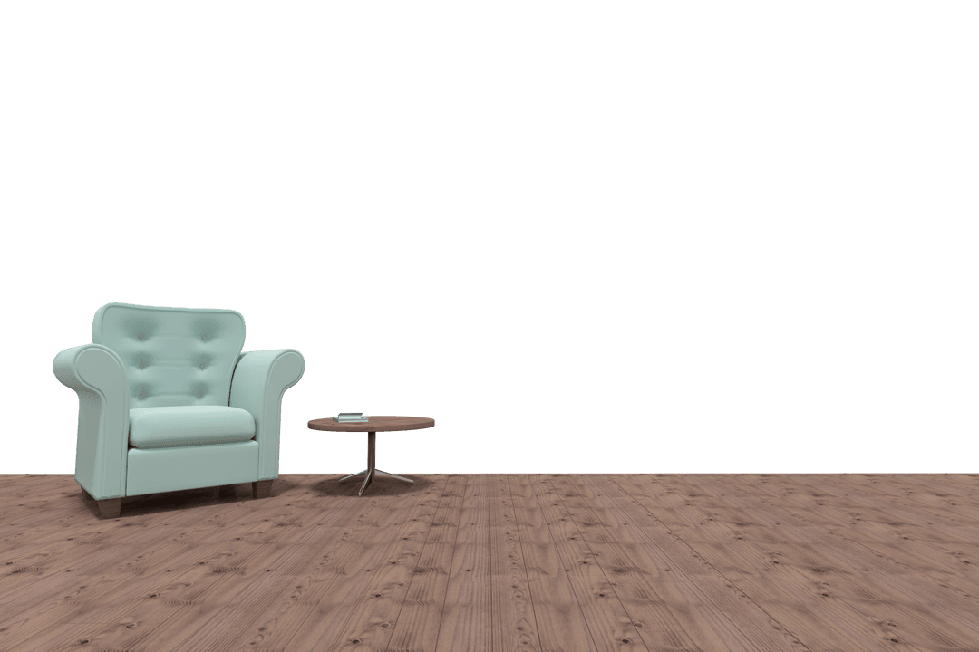 Transparent Armchair and Wooden Table on Hardwood Floor