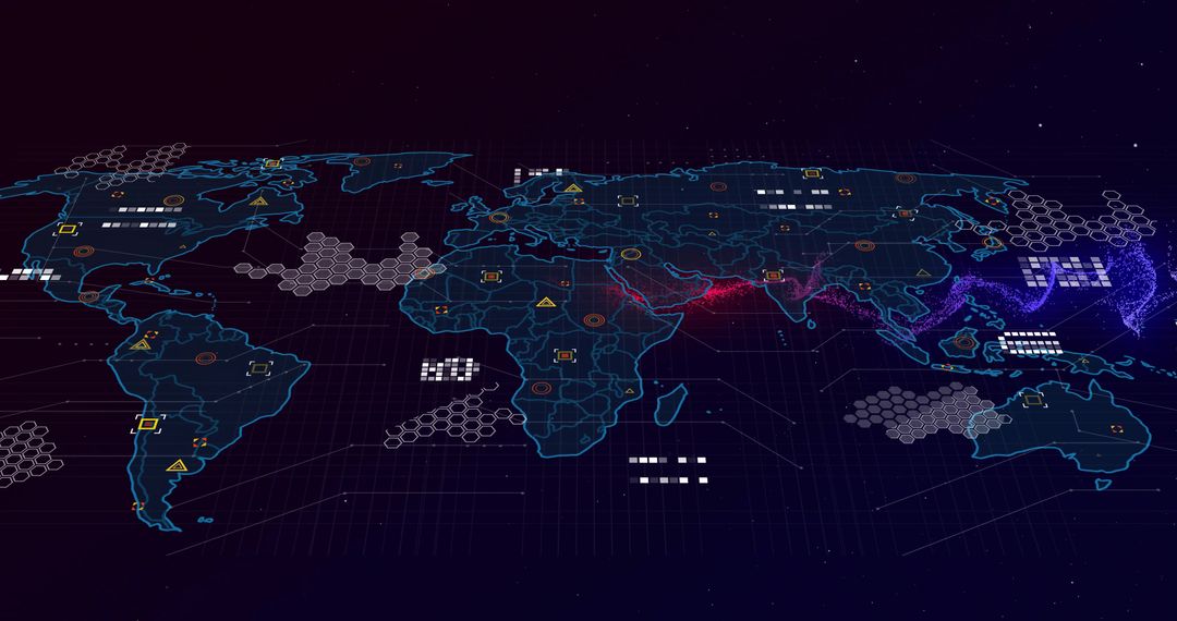 Displaying Neon Blue Wireframe World Map on Tilted 3D Holographic Dashboard with Hex Clusters