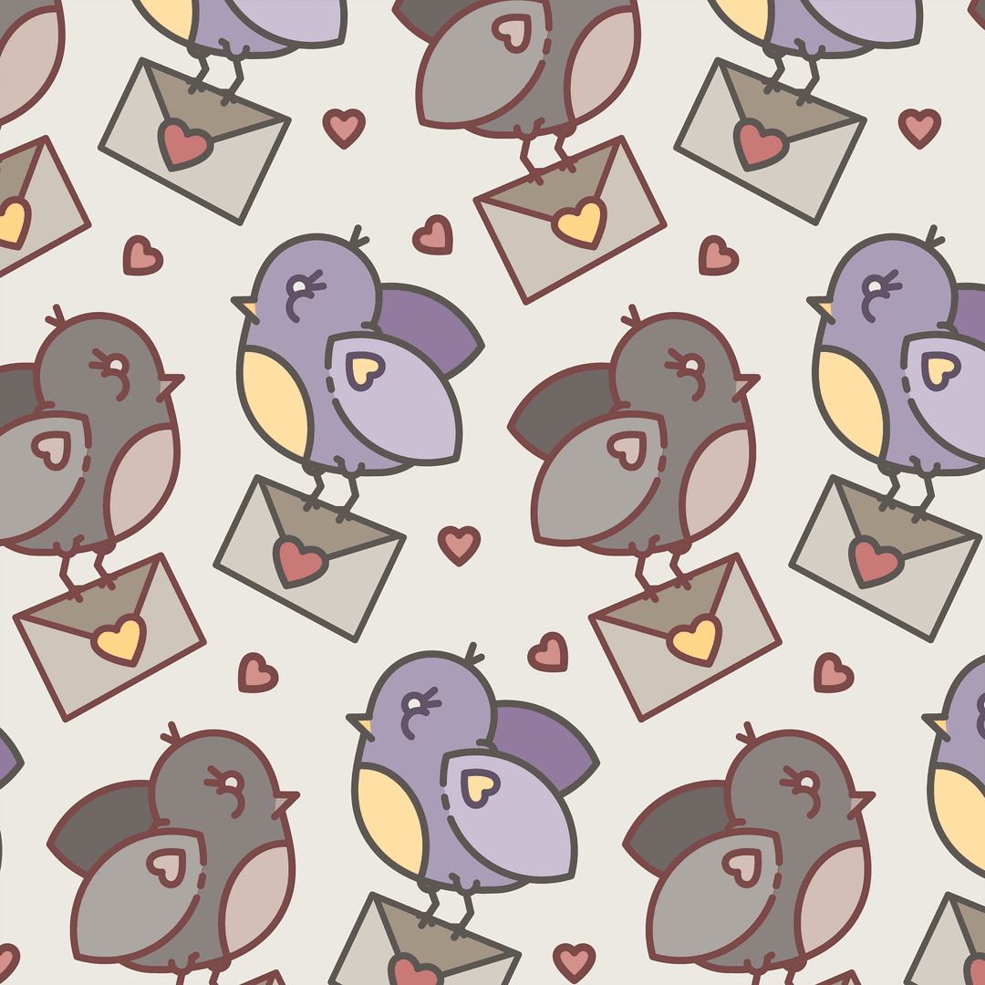 Seamless Pattern of Cartoon Pigeons with Love Letters on Transparent Background