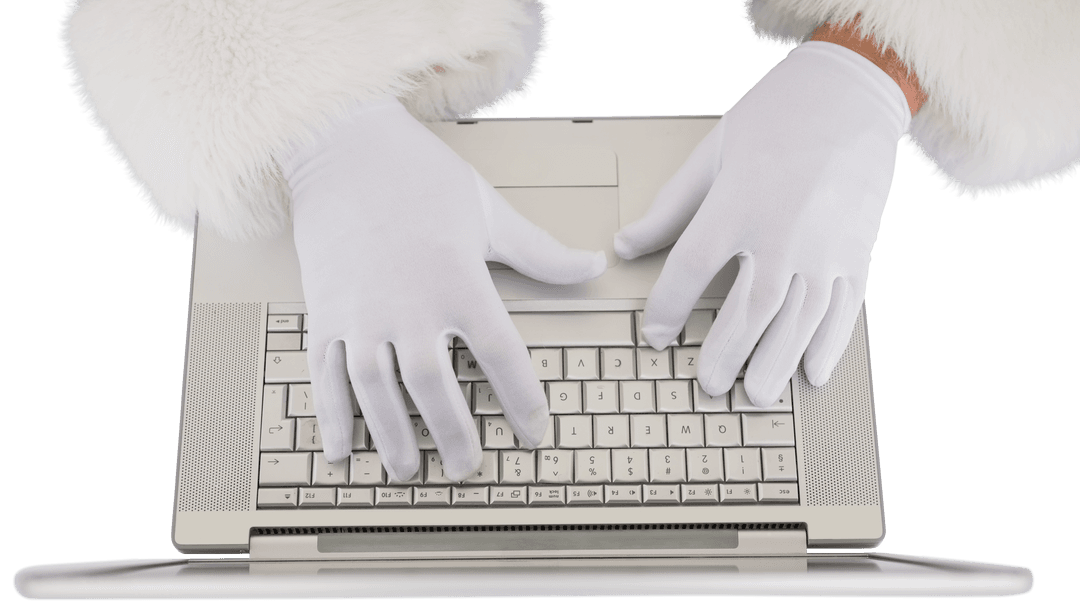 Transparent Santa Typing on Laptop with White Gloves