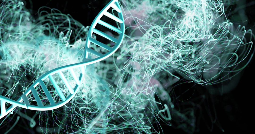 Glowing DNA Strands with Abstract Light Trails on Dark Background