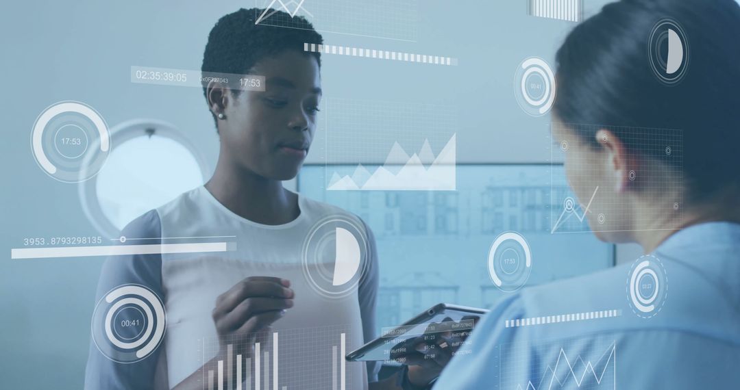 Diverse Colleagues Analyzing Financial Data with Holographic Interface