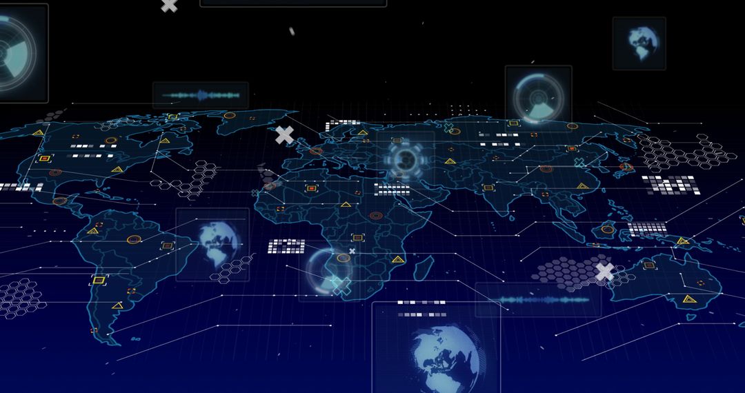 World Map with Digital Data Interfaces and Global Connectivity