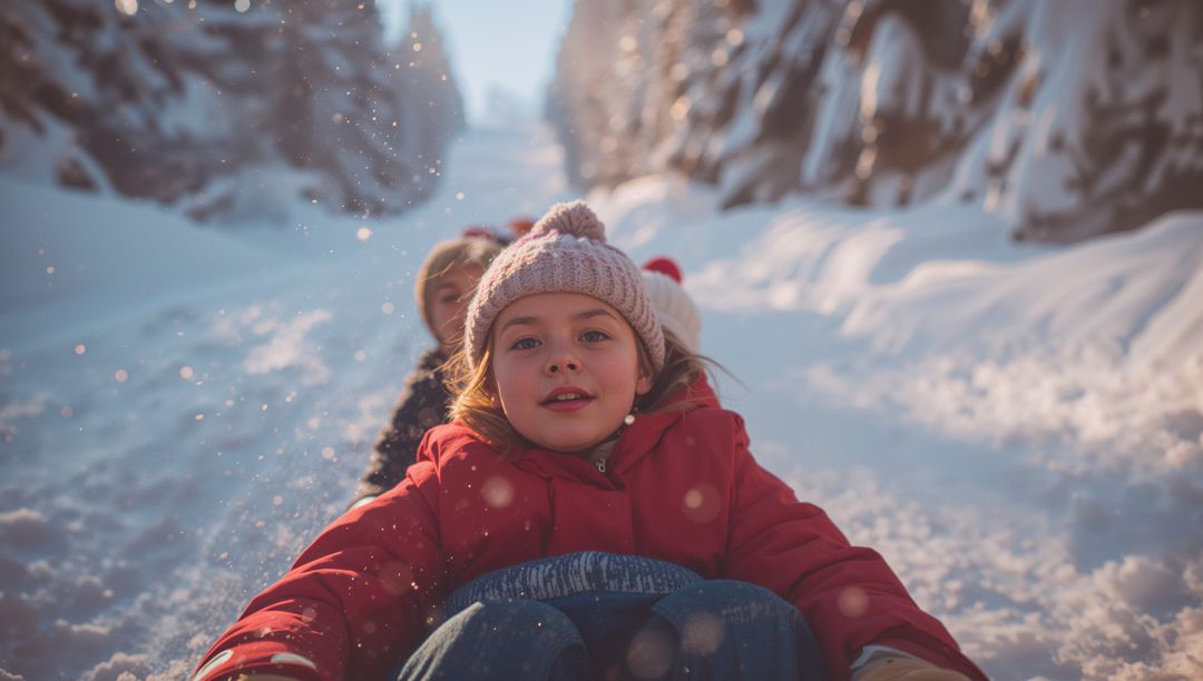 Children Enjoying Sled Race in Snow-Covered Winter Forest