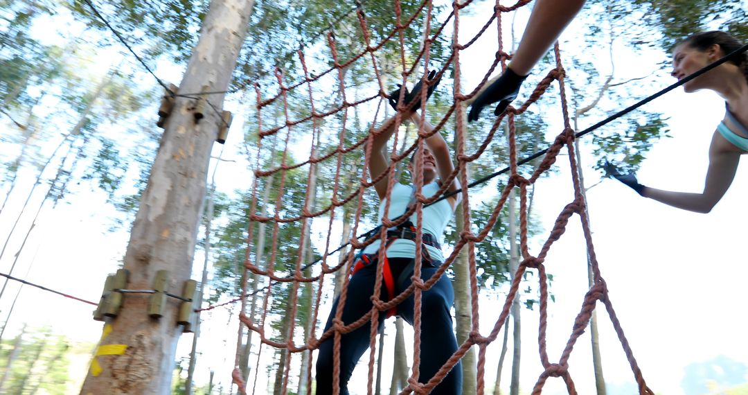 A young Caucasian girl is climbing a rope net in an outdoor adventure park, with copy space - Free Images, Stock Photos and Pictures on Pikwizard.com