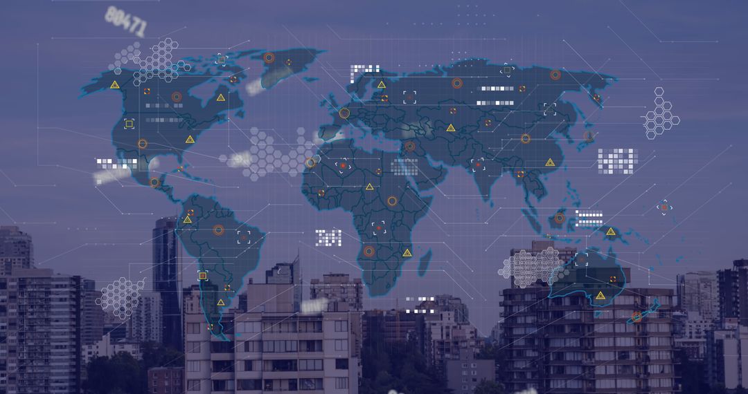 Digital World Map Interface Over Urban Skyline