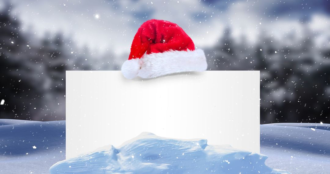 Festive Snowy Scene with Blank White Card and Santa Hat