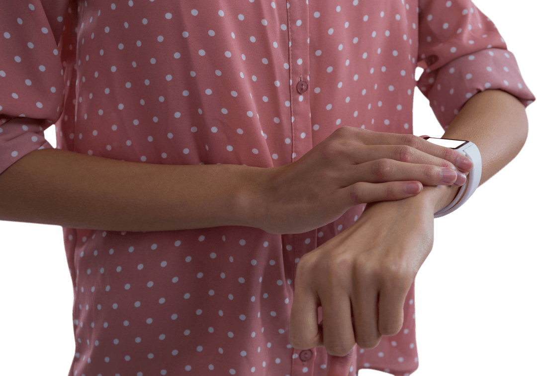 Woman in Polka Dot Shirt using Transparent Display Smartwatch