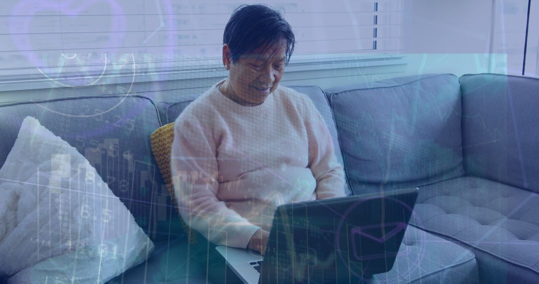 Senior Woman Analyzing Global Data on Laptop at Home