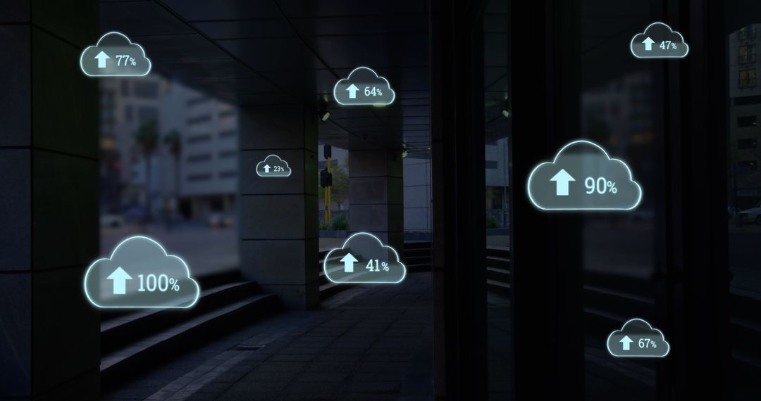 Digital Cloud Icons Indicating Uploading Progress in Urban Environment