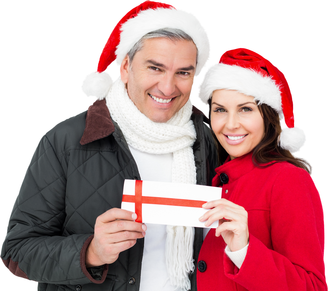 Smiling Couple in Santa Hats Holding Christmas Gift on Transparent Background - Download Free Stock Images Pikwizard.com