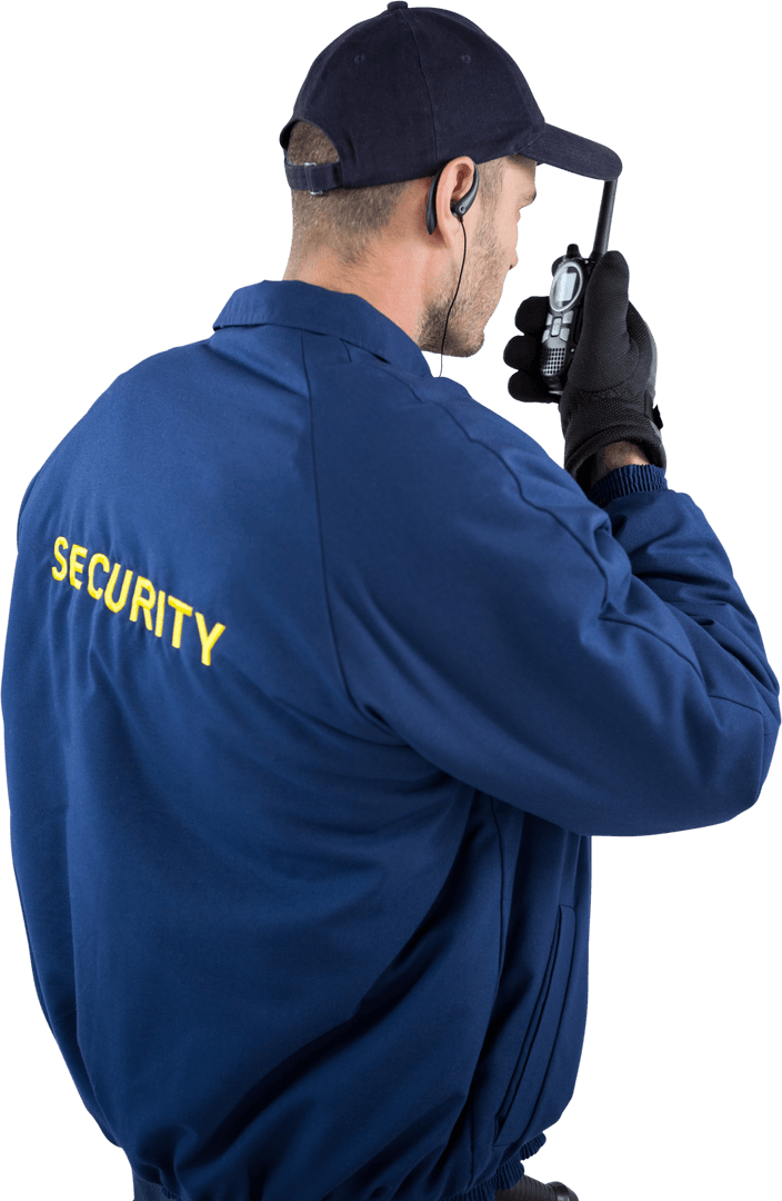 Transparent Security Officer Communicating via Walkie-Talkie