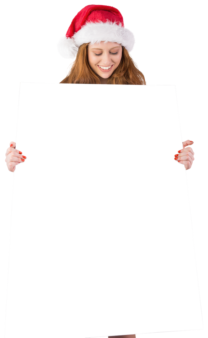 Redhead Woman Holding Blank Poster in Santa Hat with Transparent Background - Download Free Stock Images Pikwizard.com