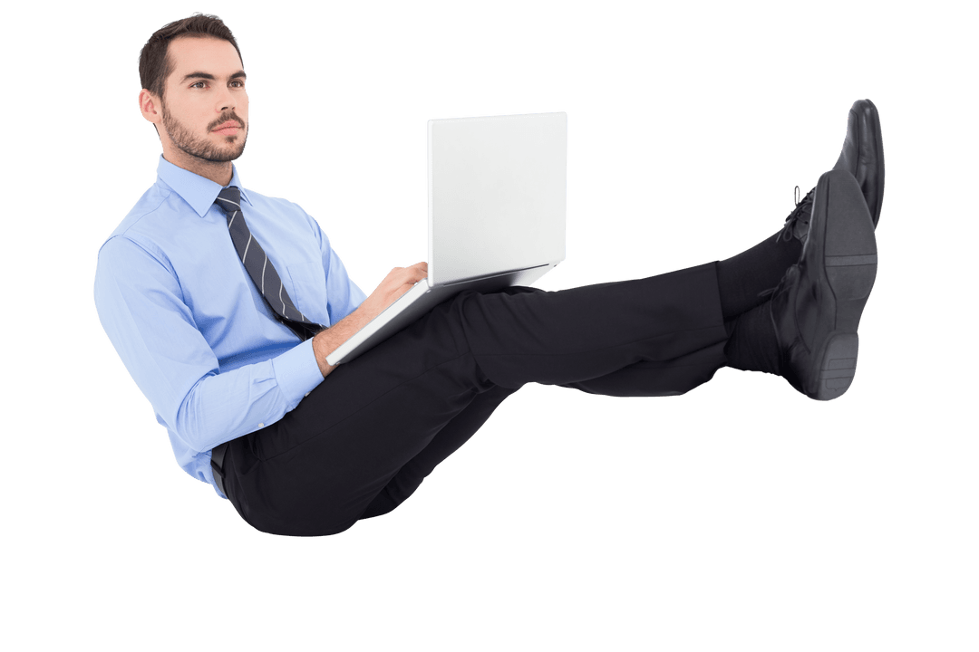 Young Businessman Using Laptop on Transparent Background